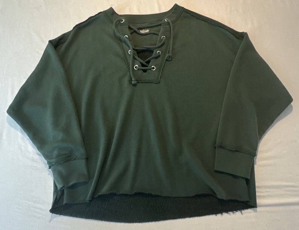 Aerie Womens Oversized sweatshirt Lace Up V Neck Size Small Green